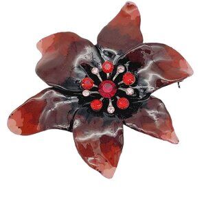 Large Red Enameled Flower Brooch Gunmetal Back Rhinestone Center Artisan 2 3/5"